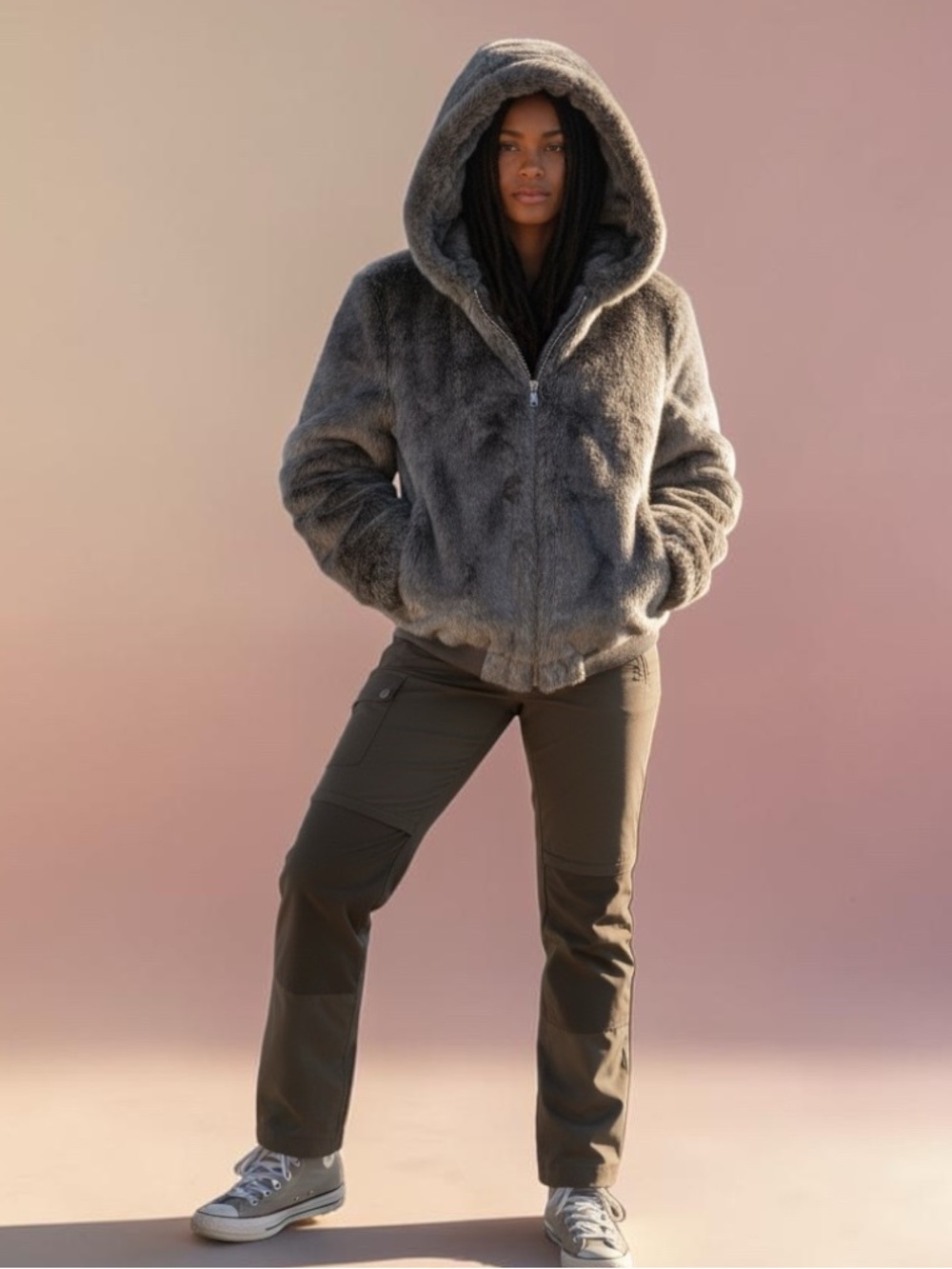 ELLA BLUE Gray Faux Fur Hooded Teddy Bomber Jacket Size S/M Cropped Plush Coat